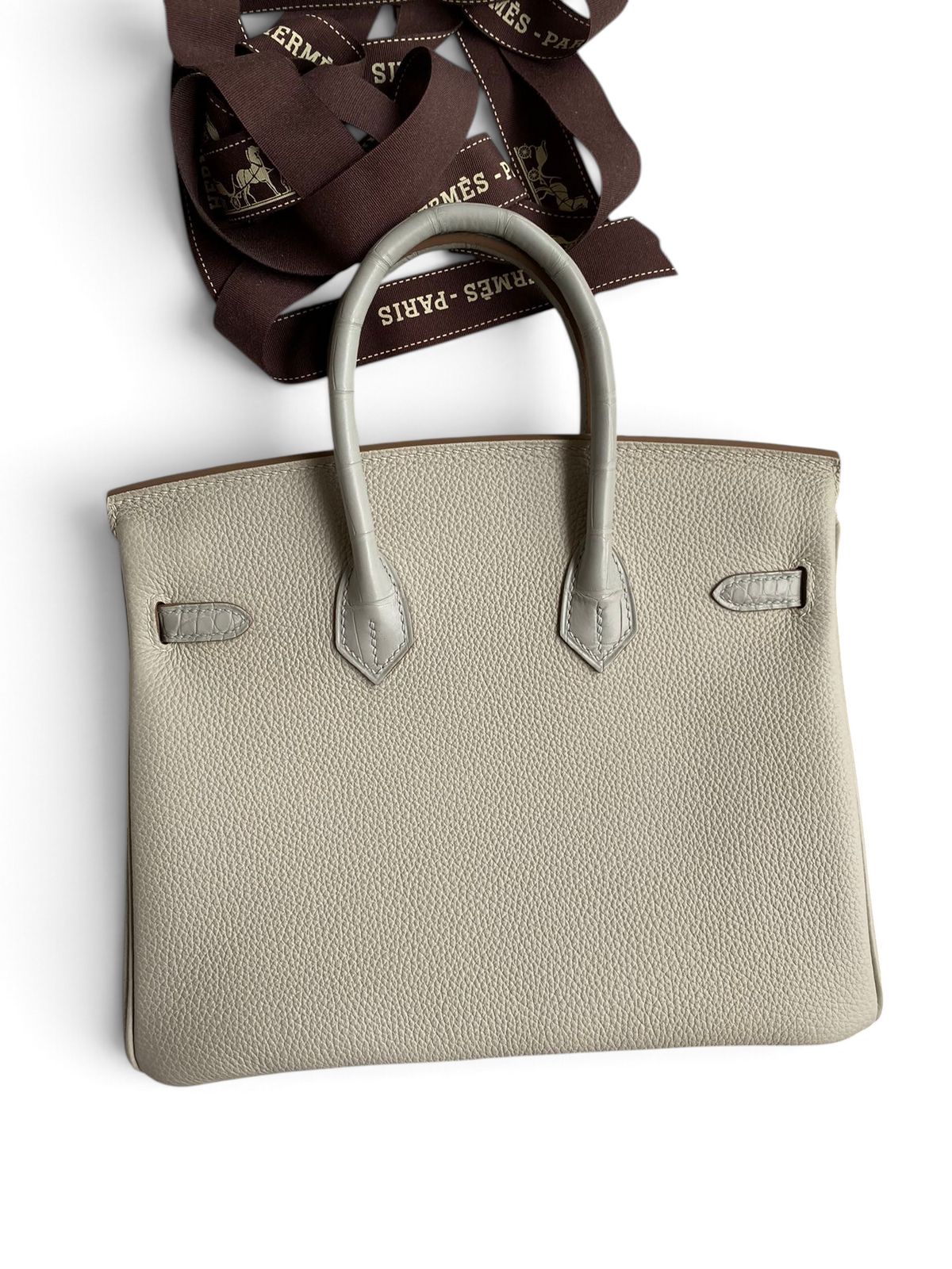 SWORD LUXURY Gris Asphalte Togo deri ve timsah derisi detaylı Hermès Birkin 30 çanta, kutu içerisinde.
