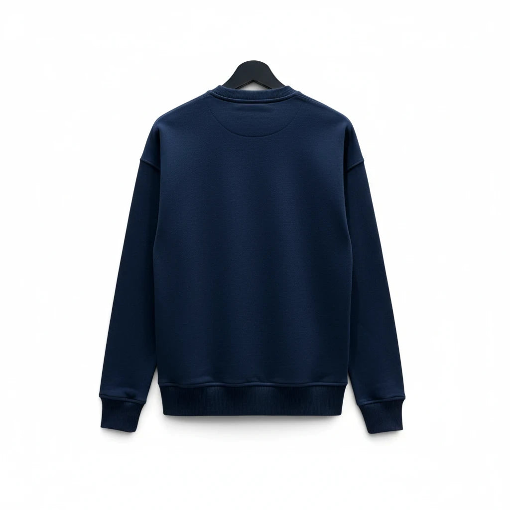 Back view of the SWORD LUXURY navy blue, crew-neck cotton men's sweatshirt.