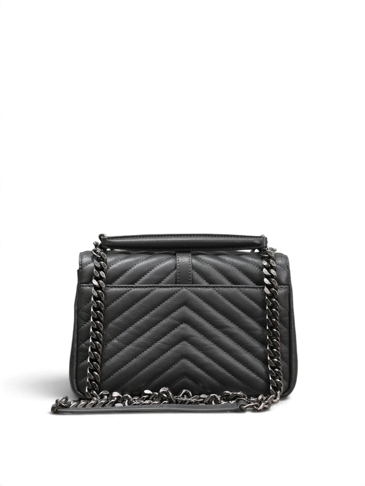 SWORD LUXURY siyah kapitone deri Collage çanta, chevron desenli, gunmetal zincir askılı ve YSL logolu arka görünüm.