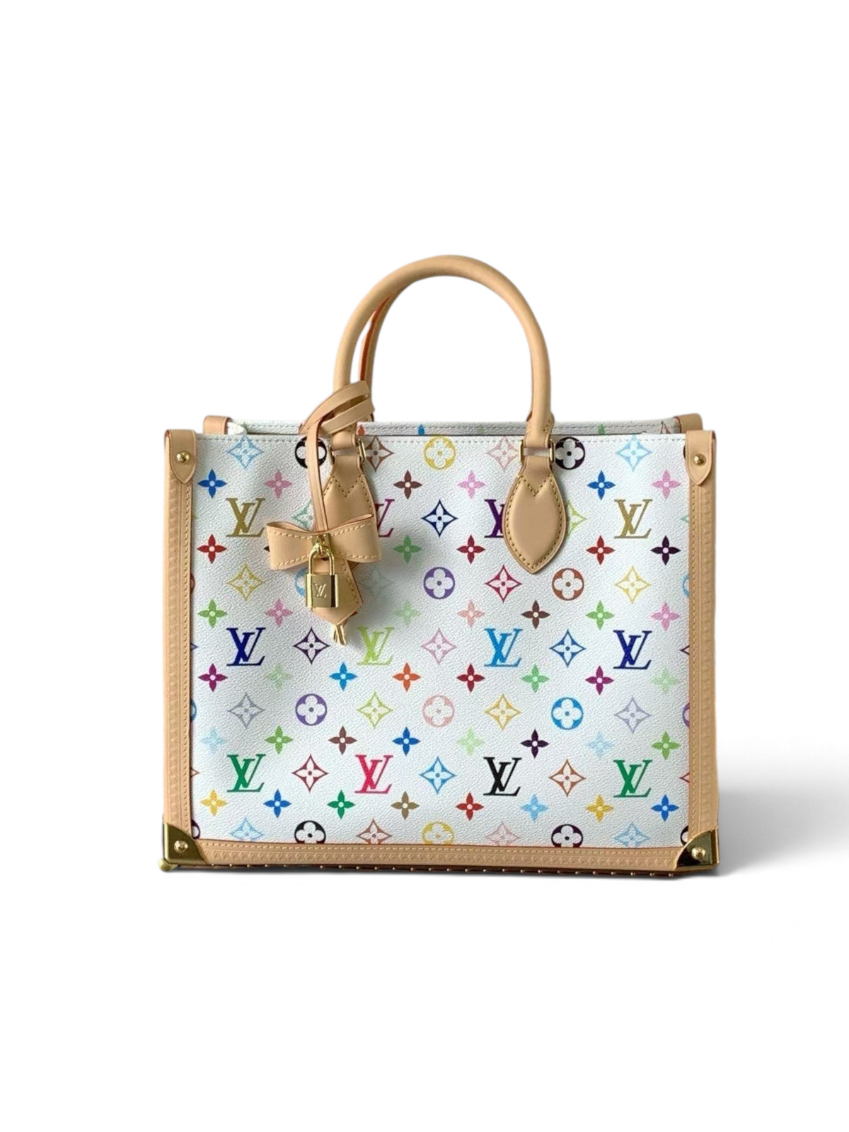 SWORD LUXURY beyaz kanvas üzerine renkli monogram desenli, deri detaylı ve altın donanımlı şık OnTheGo tote çanta.