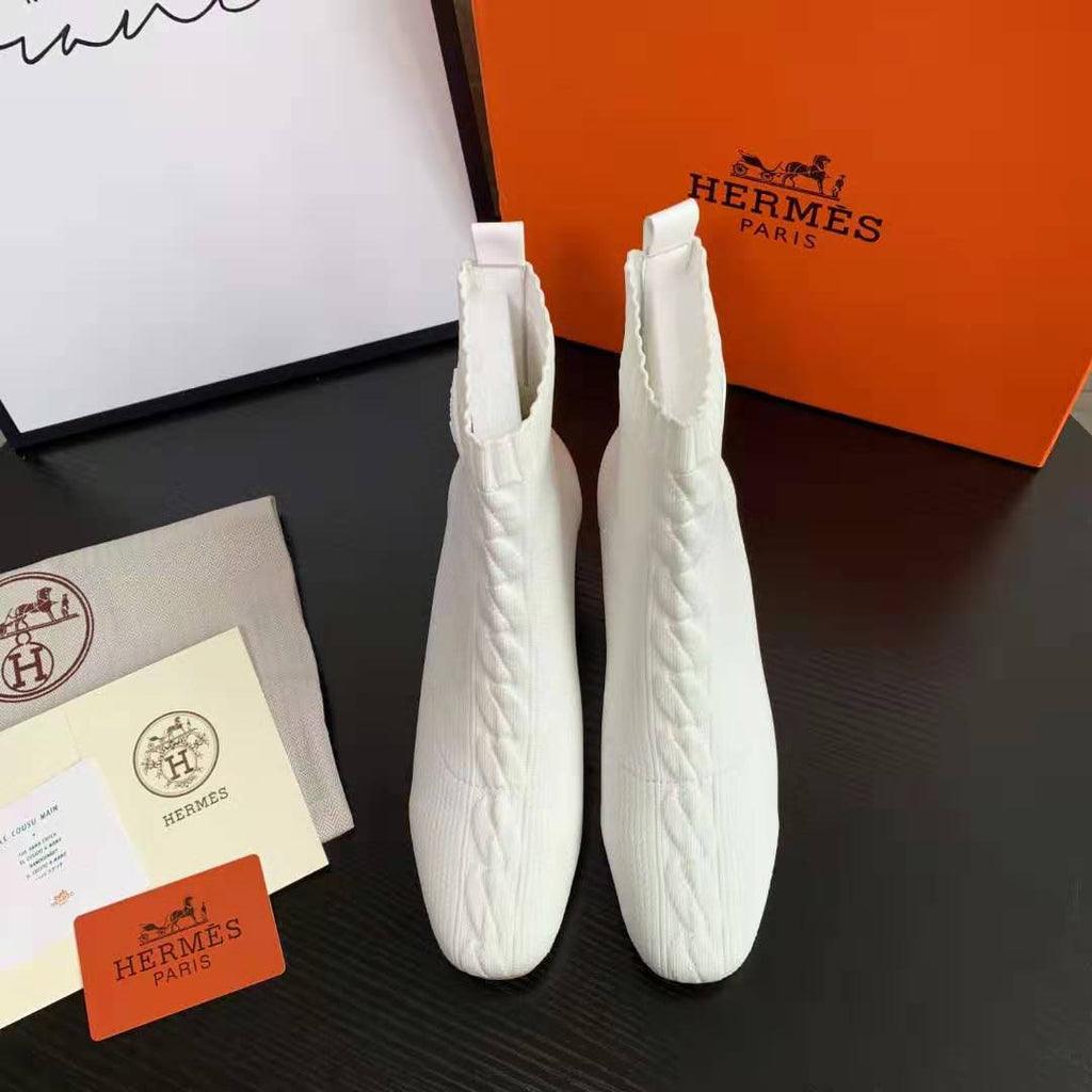 White Knit Ankle Boots – Leather Sole | Block Heel