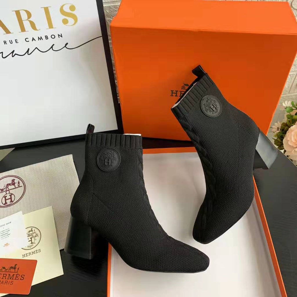 Black Knit Ankle Boots – Leather Sole | Block Heel