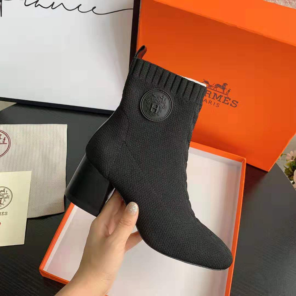 Black Knit Ankle Boots – Leather Sole | Block Heel