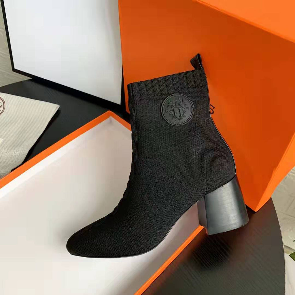 Black Knit Ankle Boots – Leather Sole | Block Heel