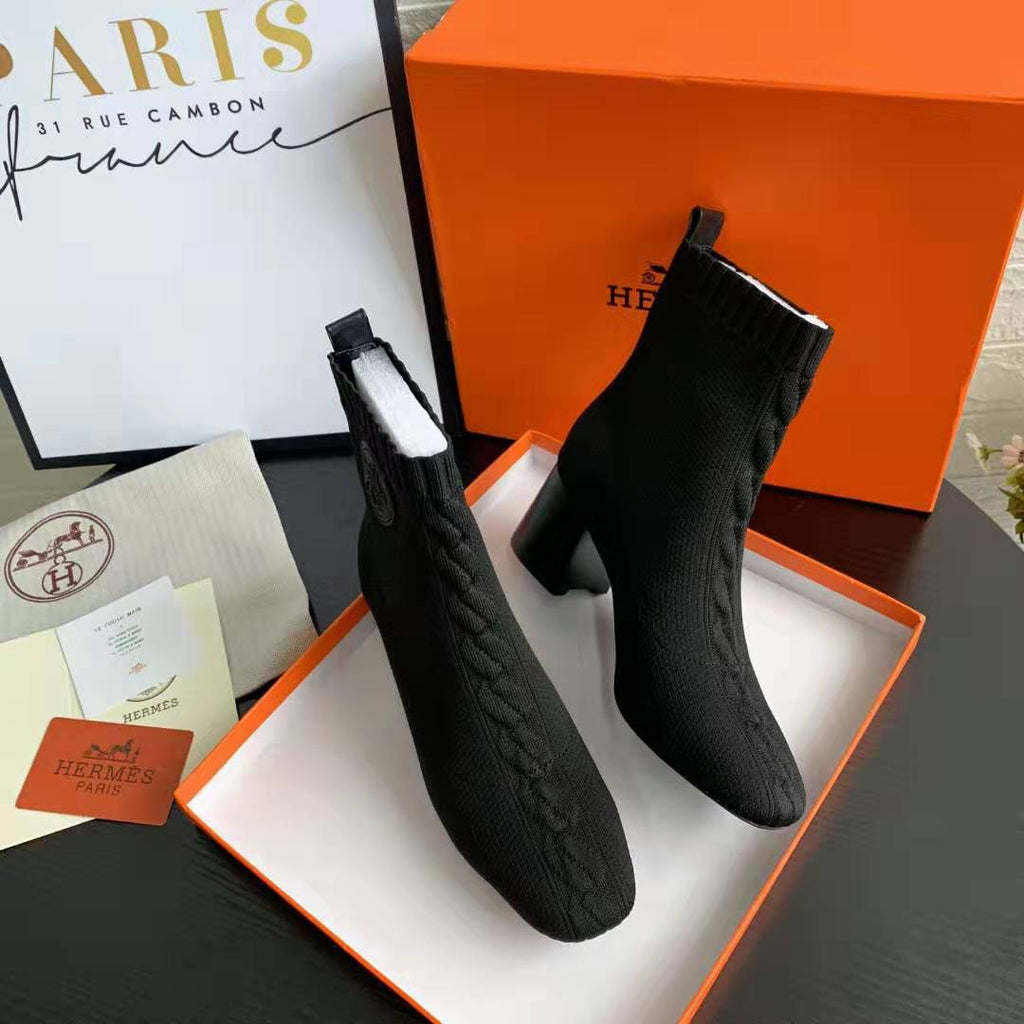 Black Knit Ankle Boots – Leather Sole | Block Heel