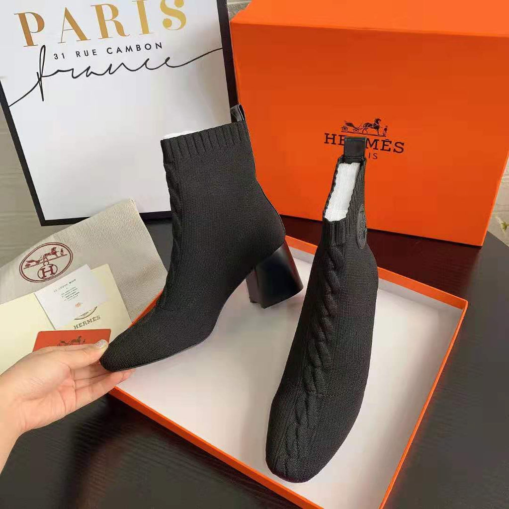 Black Knit Ankle Boots – Leather Sole | Block Heel