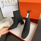 Black Knit Ankle Boots – Leather Sole | Block Heel