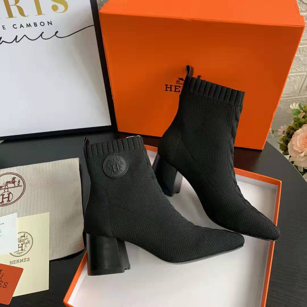 Black Knit Ankle Boots – Leather Sole | Block Heel
