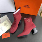 Red Knit Ankle Boots – Leather Sole | Block Heel