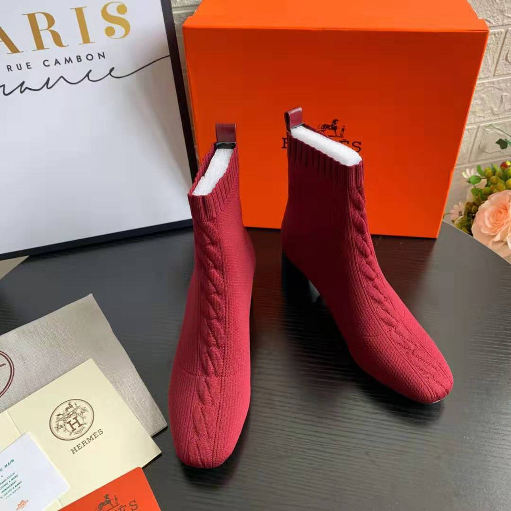 Red Knit Ankle Boots – Leather Sole | Block Heel