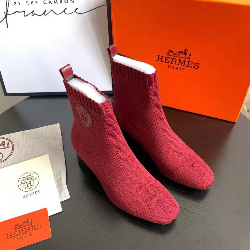 Red Knit Ankle Boots – Leather Sole | Block Heel