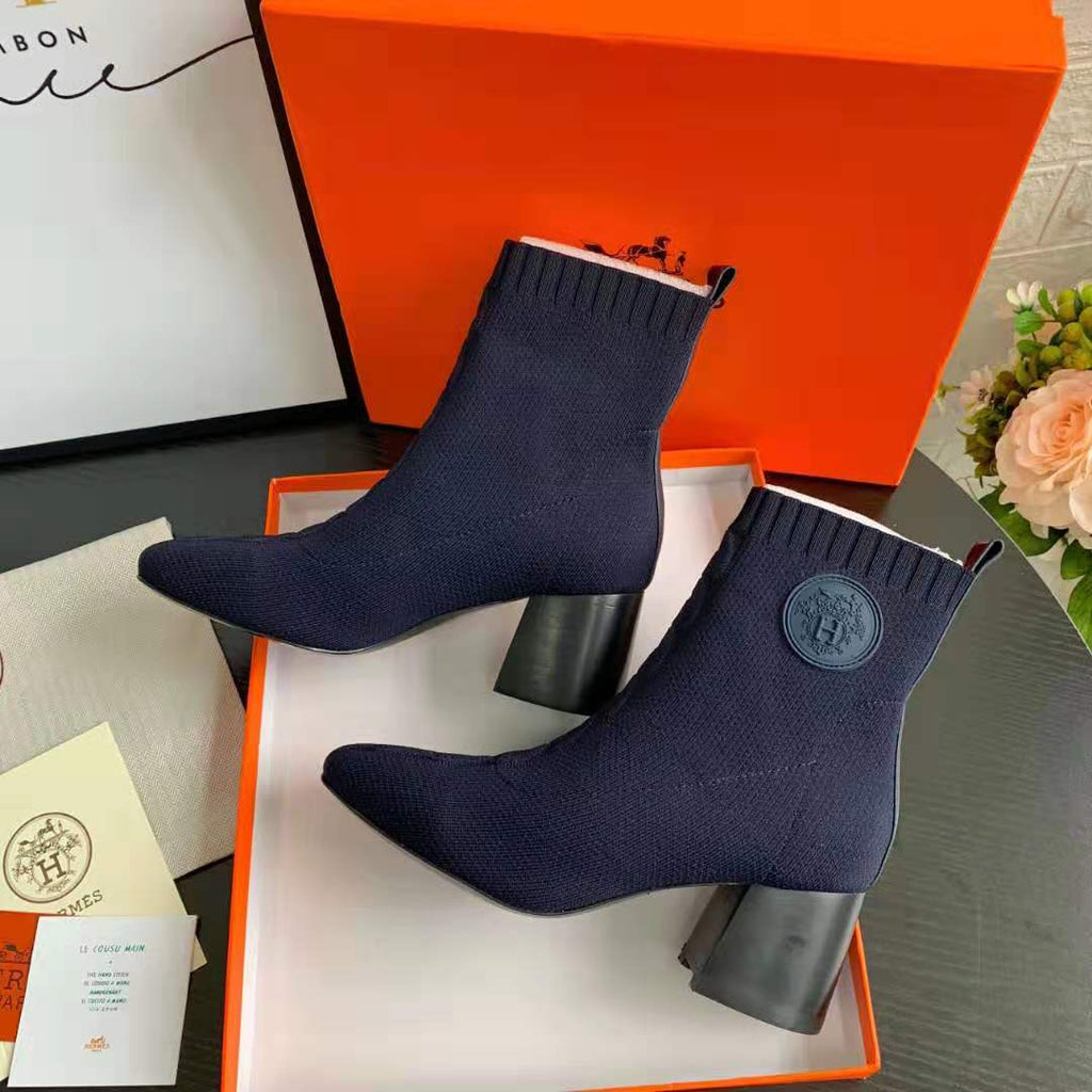 Navy Knit Ankle Boots – Leather Sole | Block Heel