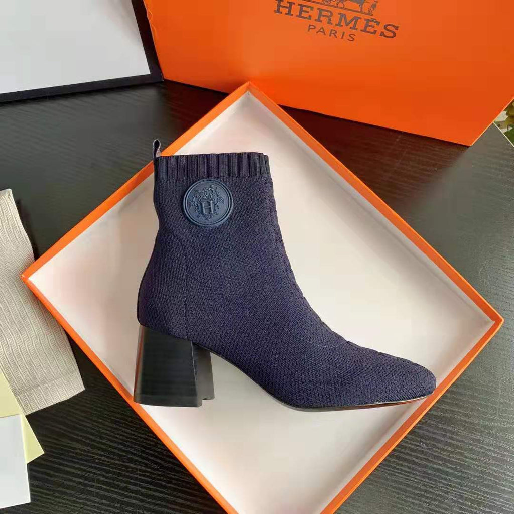 Navy Knit Ankle Boots – Leather Sole | Block Heel