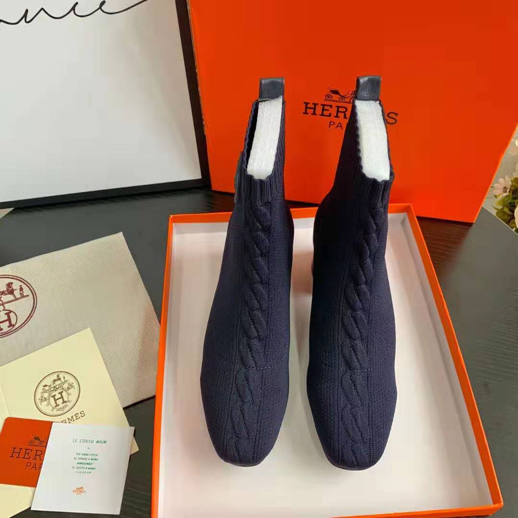 Navy Knit Ankle Boots – Leather Sole | Block Heel