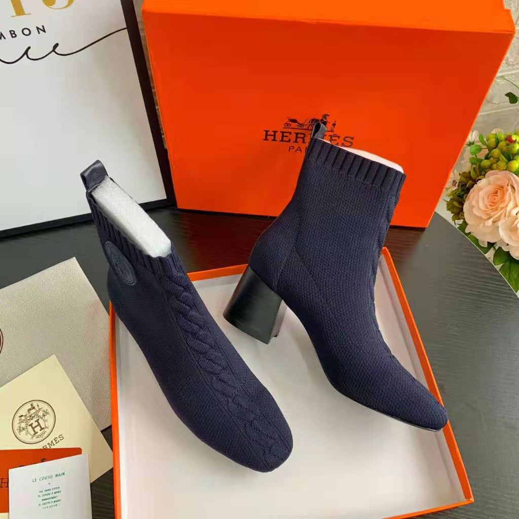 Navy Knit Ankle Boots – Leather Sole | Block Heel