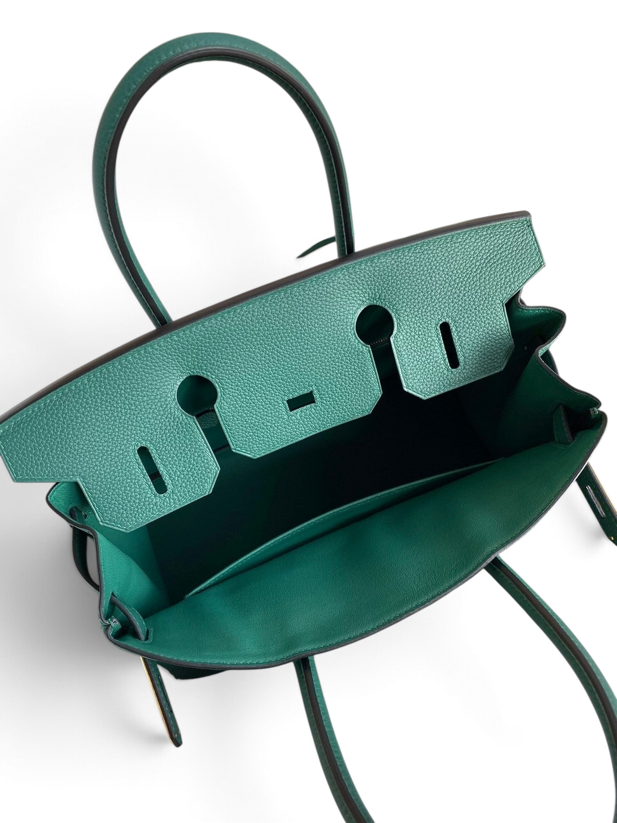 SWORD LUXURY marka, yeşil Togo deriden üretilmiş, altın donanımlı, iç kısmı detaylı Hermès Birkin 30 el çantası.