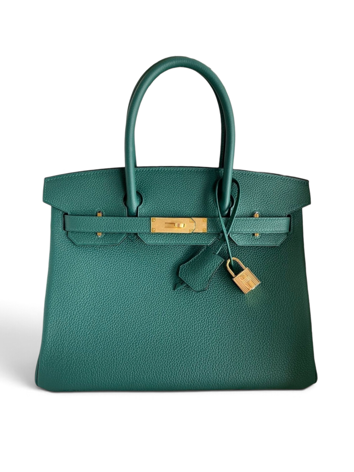 SWORD LUXURY marka, altın donanımlı, yeşil Togo deri Hermès Birkin 30 el çantası, kutu içinde.