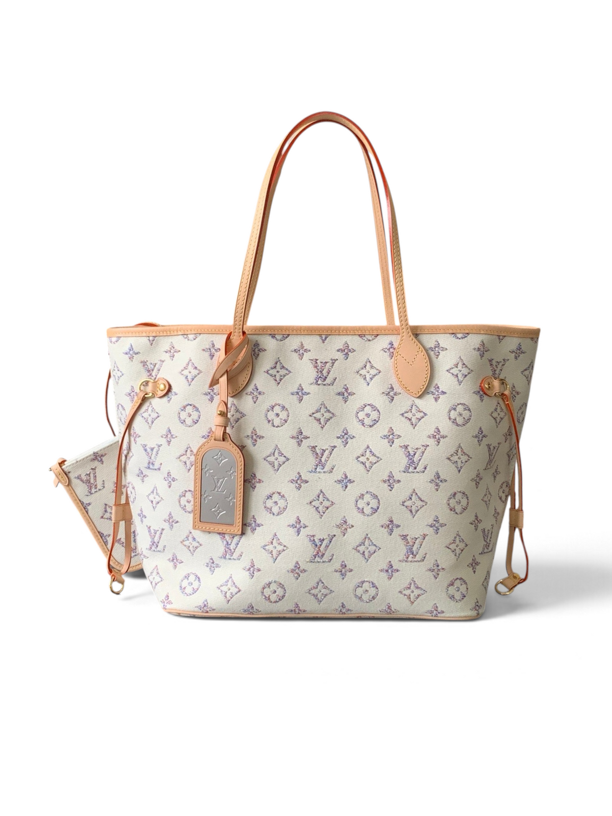 SWORD LUXURY Neverfull MM çanta, çok renkli Monogram Blossoms baskılı kanvas ve doğal deri detaylara sahip.