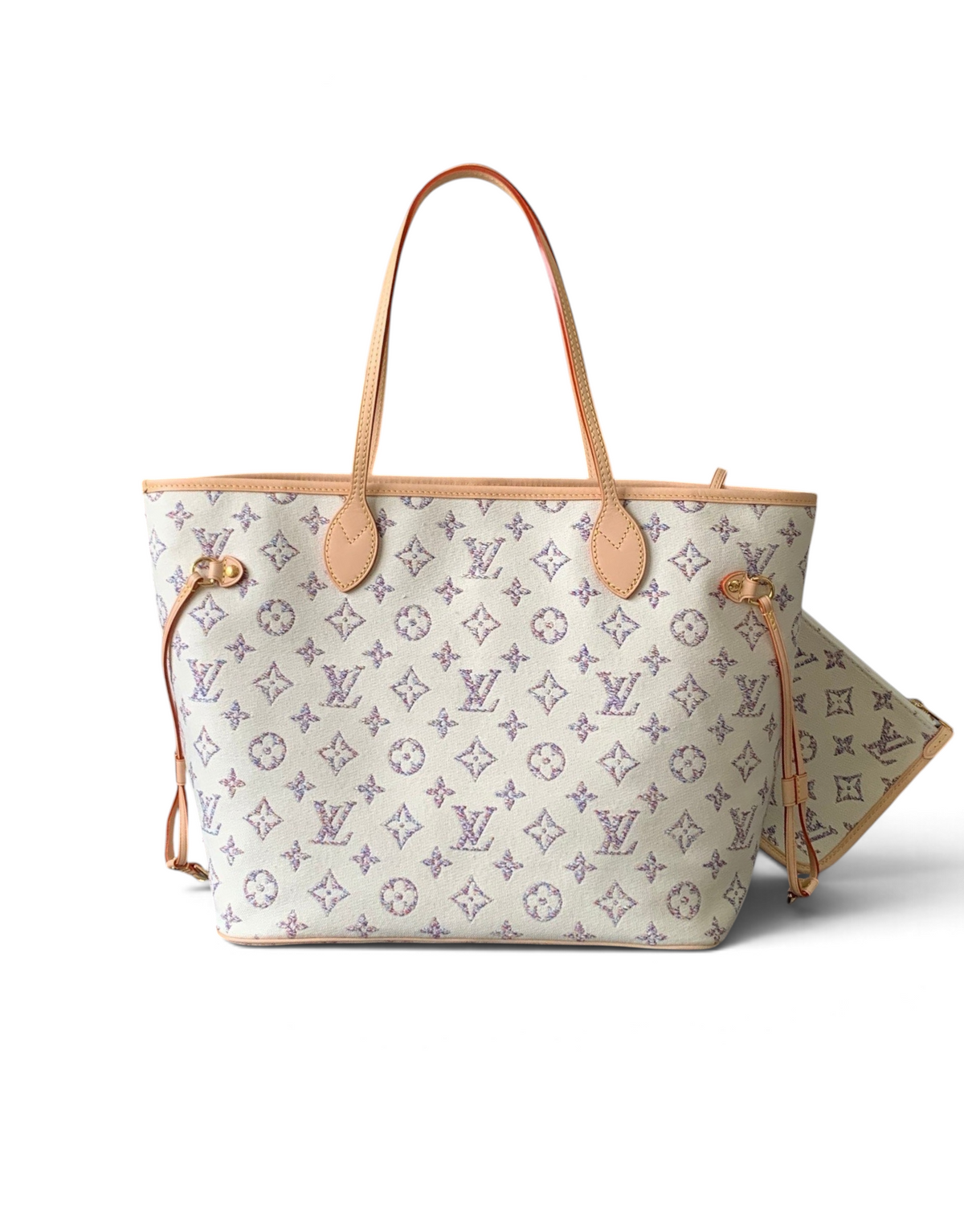SWORD LUXURY Neverfull MM çanta, çok renkli Monogram Blossoms desenli kaplamalı kanvas ve doğal deri detaylara sahip.