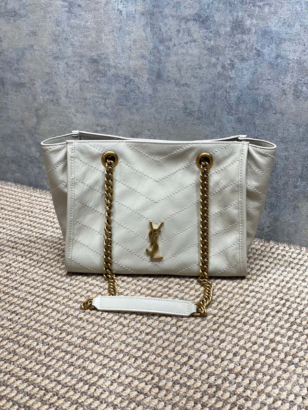 Saint Laurent Niki Small Shopping Bag in Ivory Waxed calfskin Leather - Front View