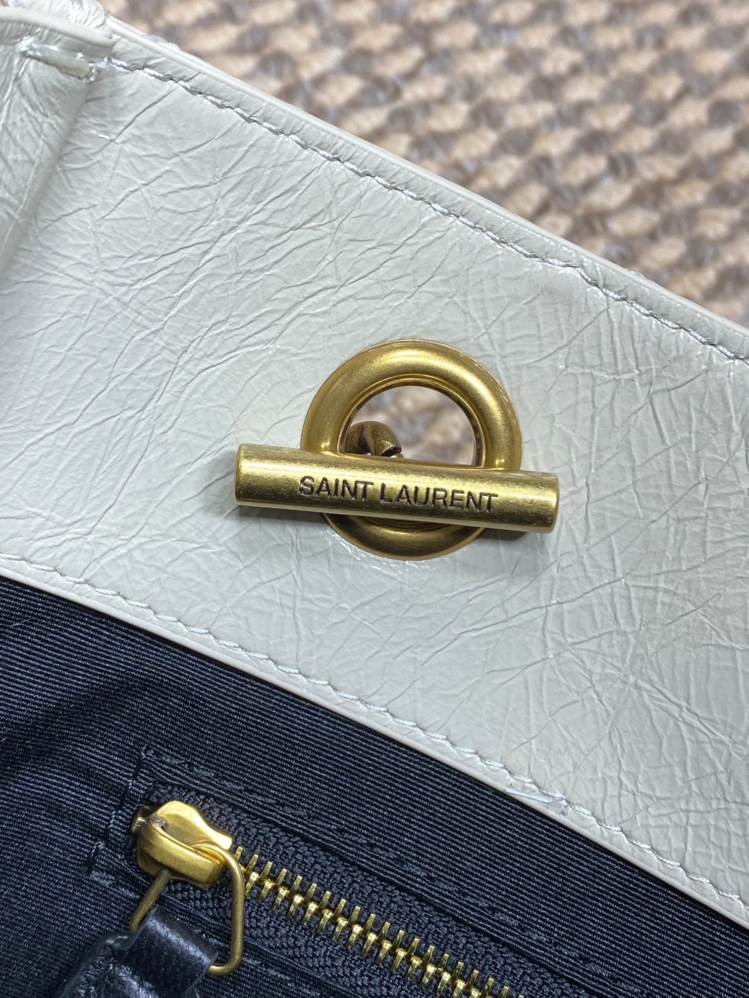 Saint Laurent Niki Small Shopping Bag in Ivory Waxed calfskin Leather - Detail View 7