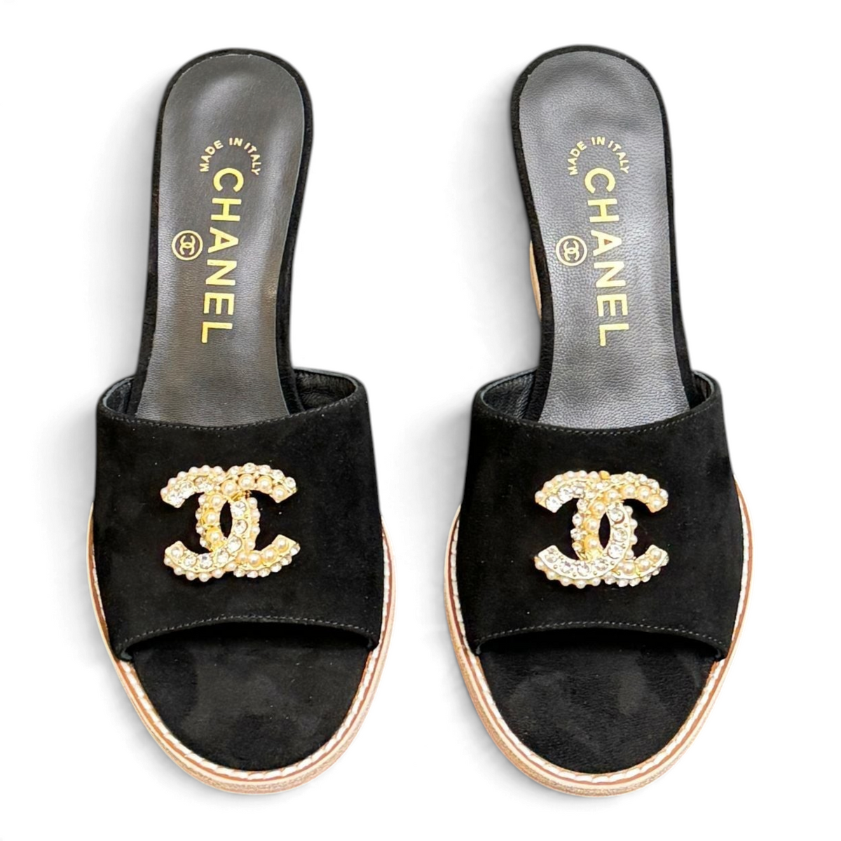 Quilted Double C Wedge Slide Sandals - Black - View 1