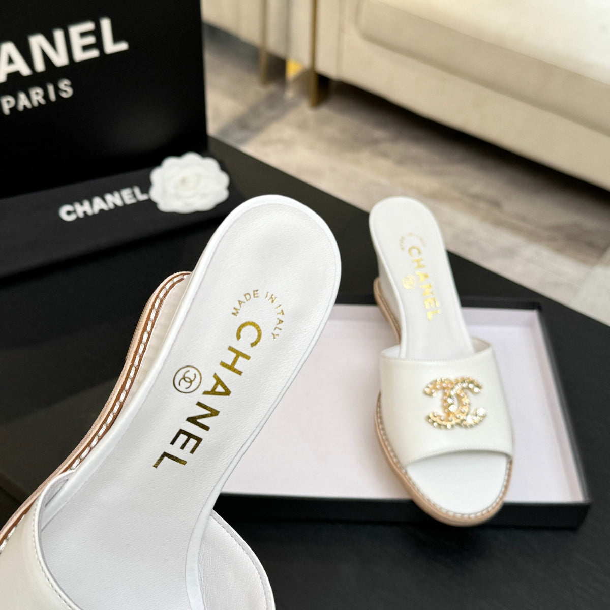 Quilted Double C Wedge Slide Sandals - White - View 3