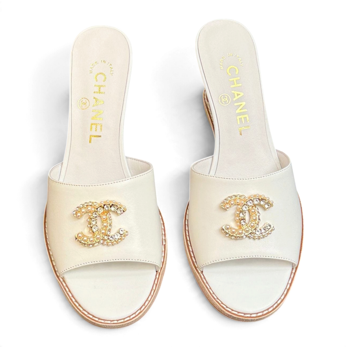 Quilted Double C Wedge Slide Sandals - White - View 1
