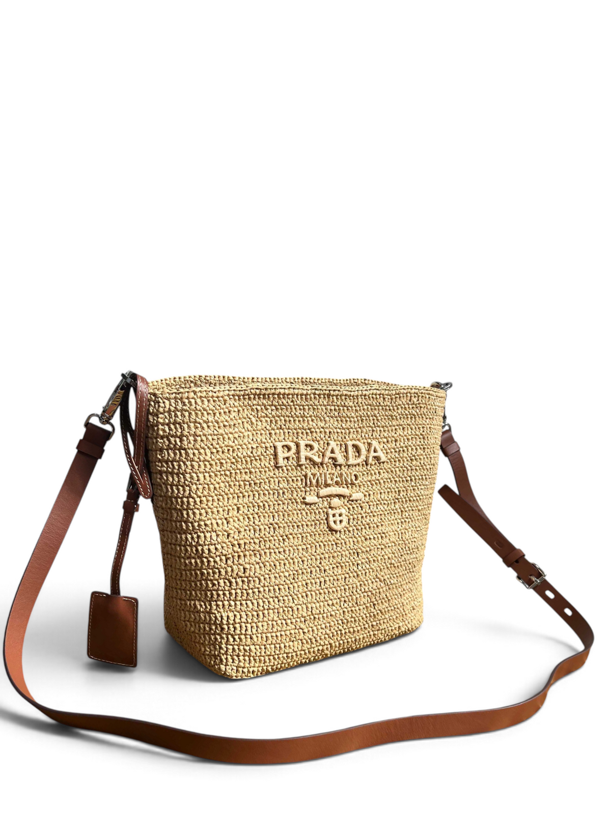 Small Crochet And Leather Bucket Bag - Beige/Brandy - View 2