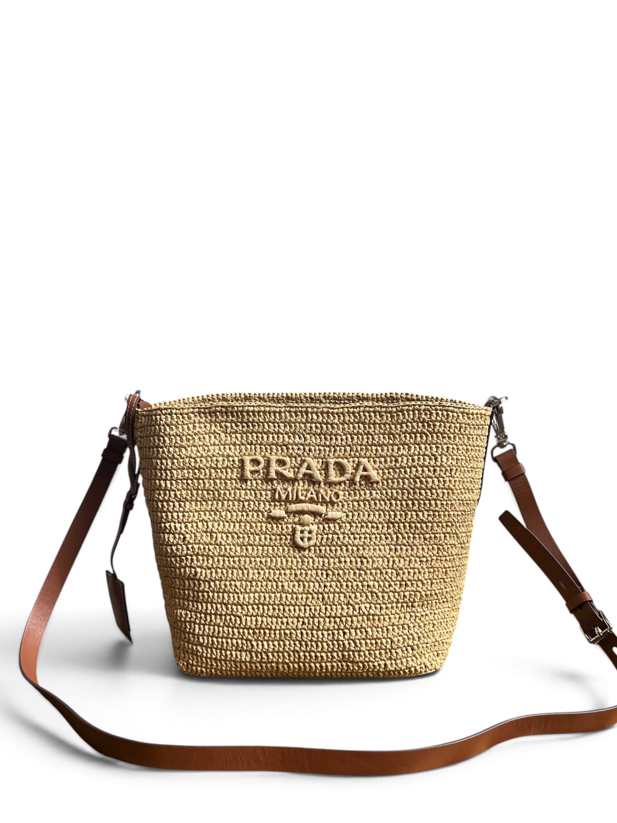 Small Crochet And Leather Bucket Bag - Beige/Brandy - View 1