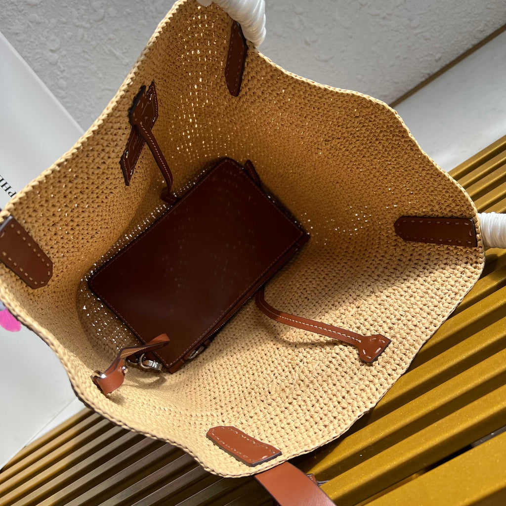 Medium Crochet And Leather Tote Bag - Beige/Brandy - View 8