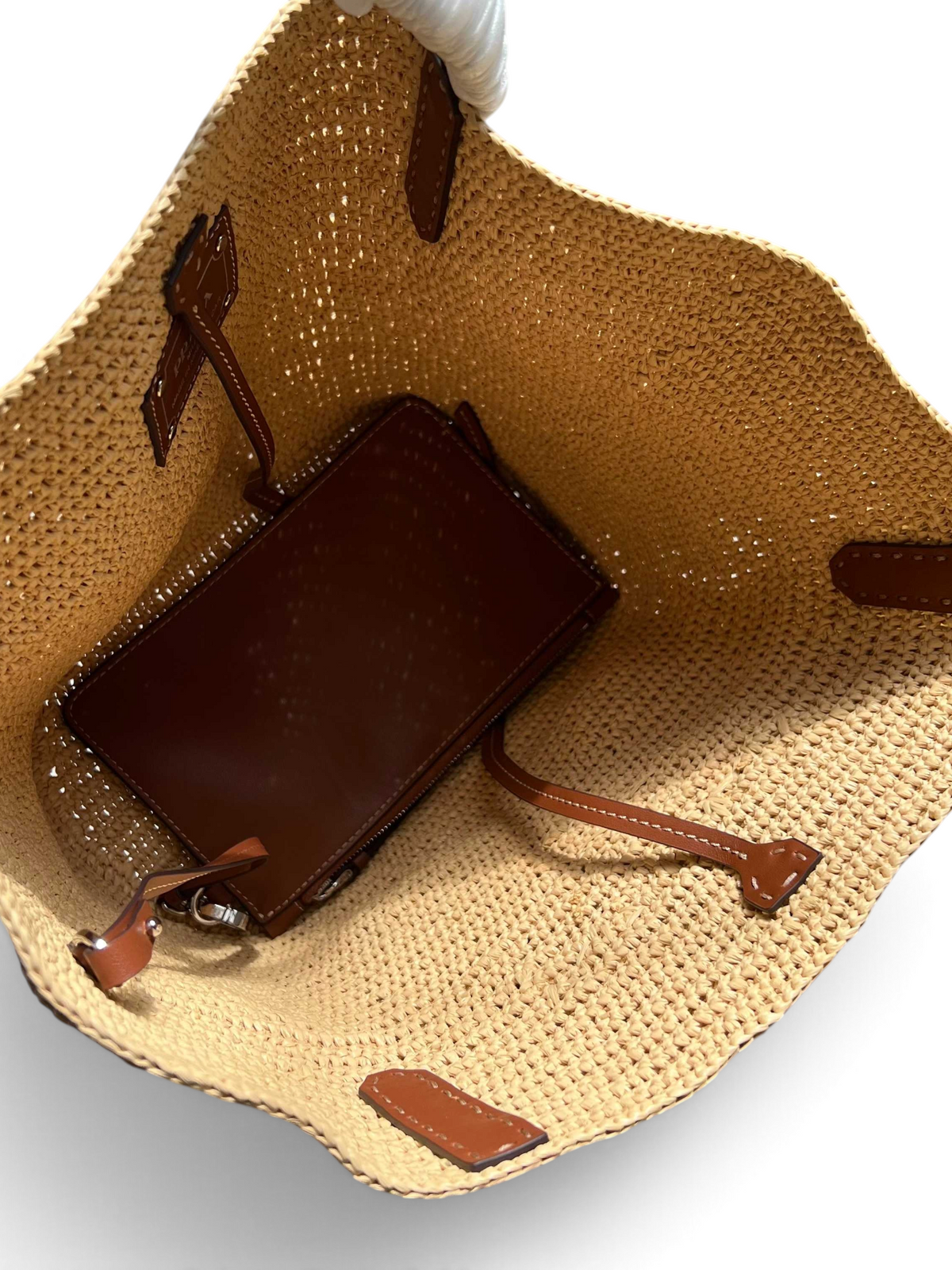 Medium Crochet And Leather Tote Bag - Beige/Brandy - View 8