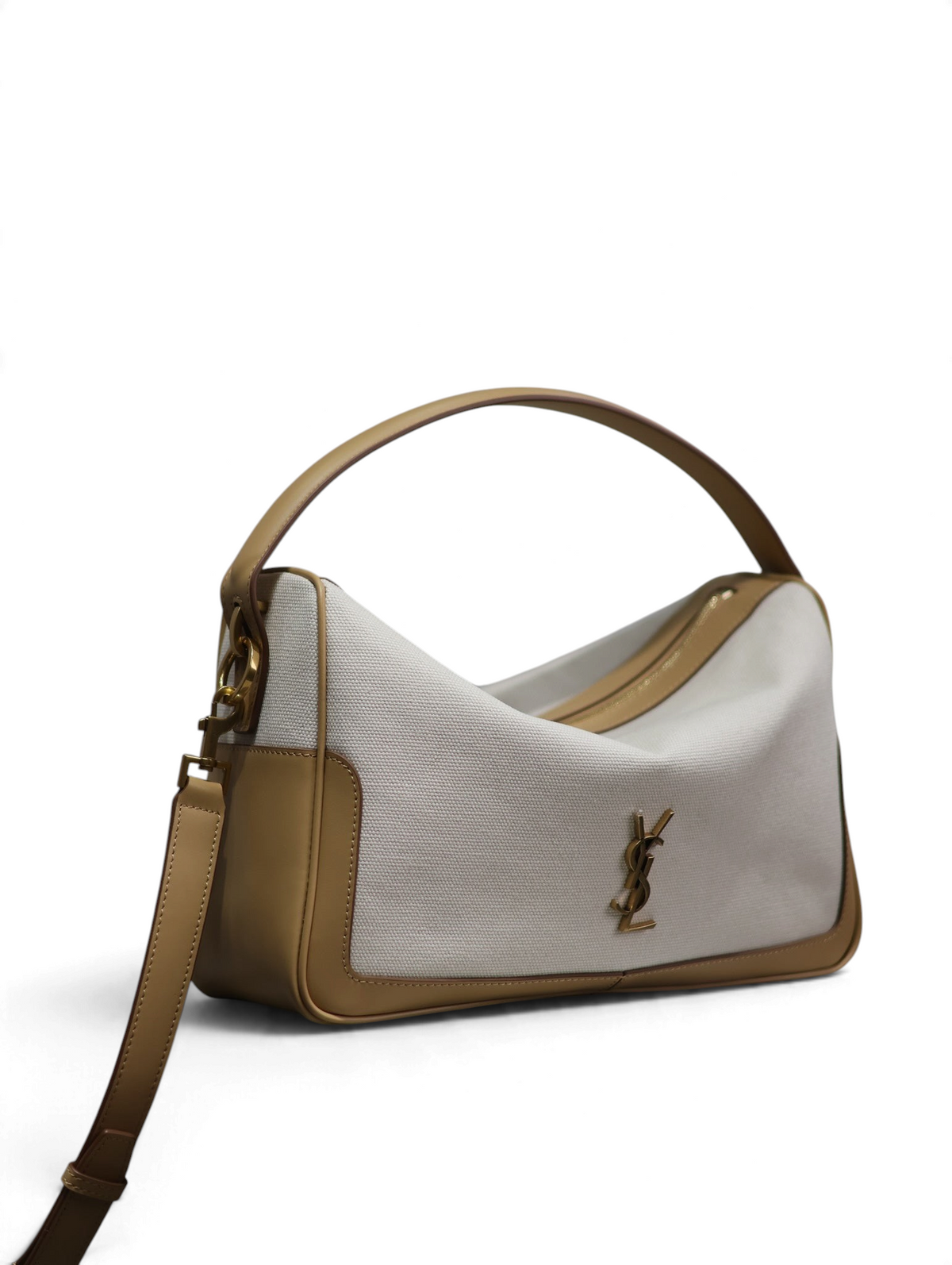 SWORD LUXURY Voltaire top handle bag in beige canvas and leather with gold YSL monogram and detachable strap.