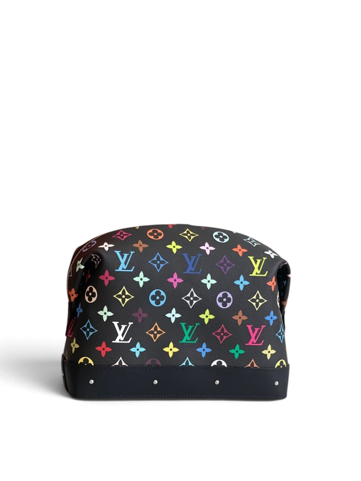 SWORD LUXURY siyah kanvas makyaj çantası, renkli Louis Vuitton monogram desenli ve deri detaylı şık tasarım.