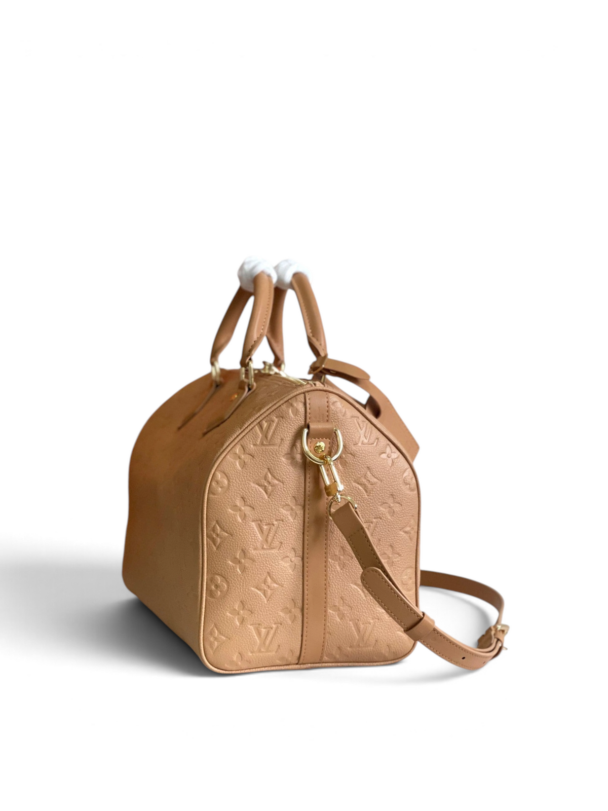 SWORD LUXURY kahverengi Monogram Empreinte deri Louis Vuitton Speedy Bandoulière 25 çanta, altın tonlu donanımlı