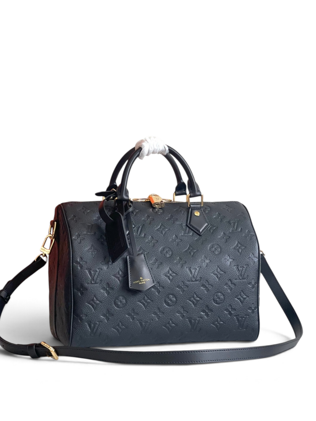 SWORD LUXURY siyah Monogram Empreinte deri Louis Vuitton Speedy Bandoulière 25 çanta, altın tonlu donanım detaylı.