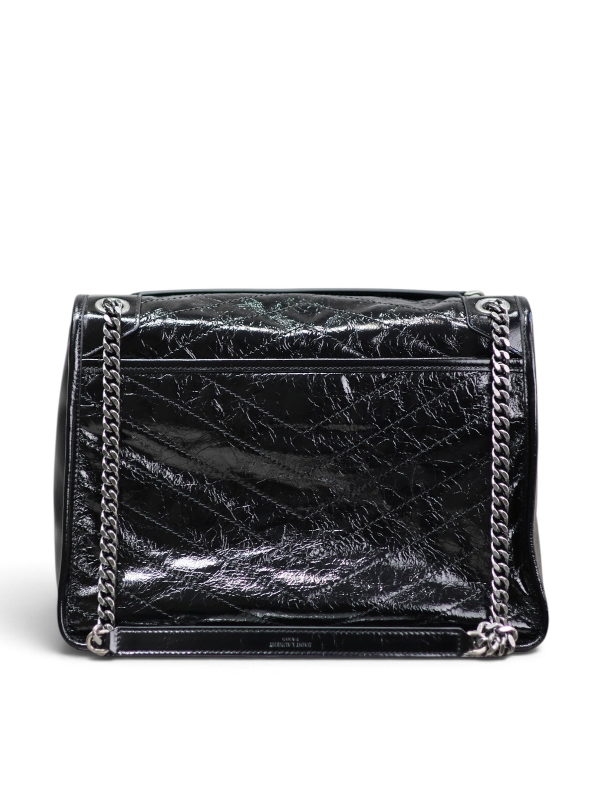 SWORD LUXURY Saint Laurent Niki orta boy siyah kapitone deri omuz çantası, zincir askılı ve ikonik YSL logolu.