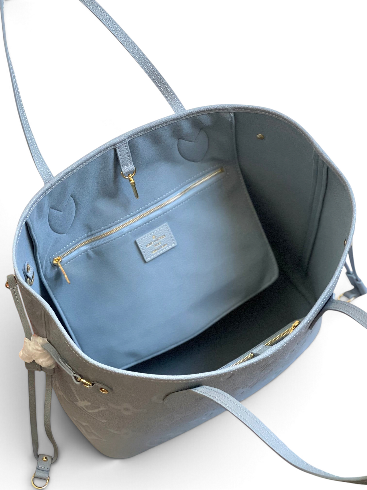 SWORD LUXURY mavi kanvas tote çanta, iç kısmında fermuarlı çıkarılabilir cüzdan ve altın tonlu donanım detayları.