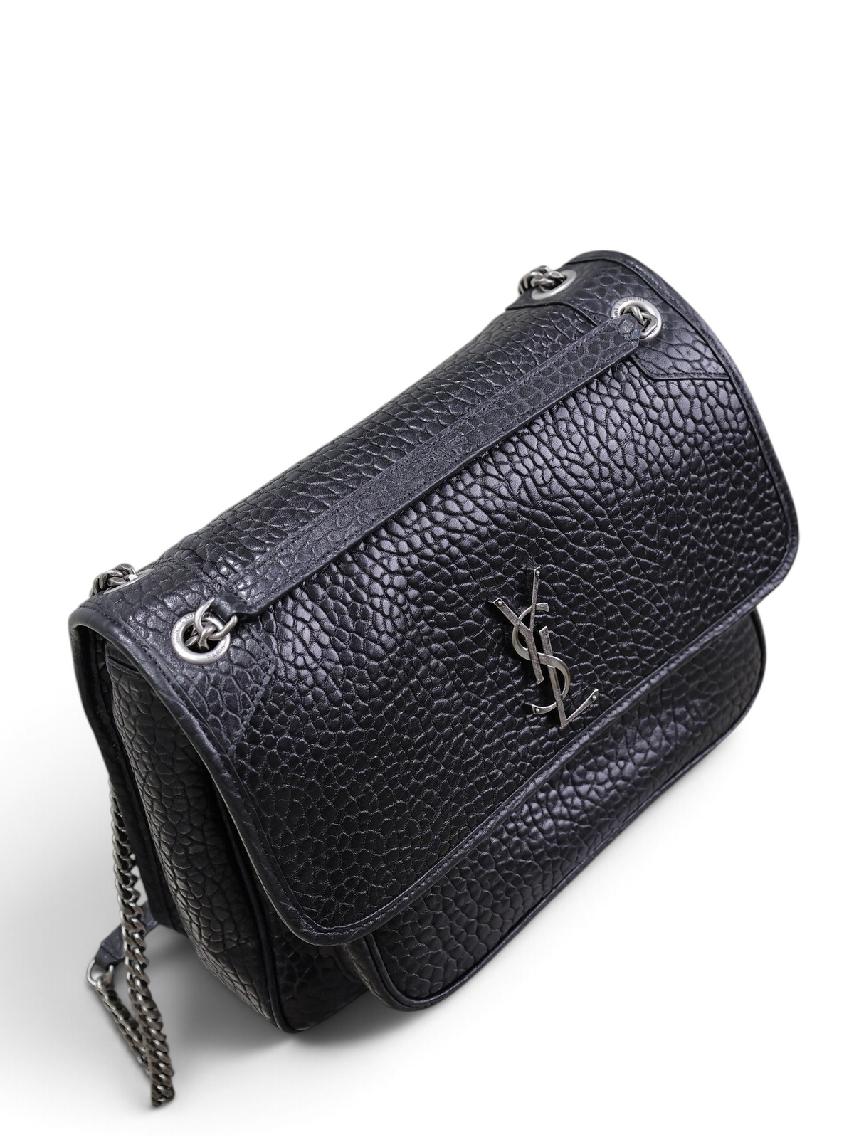 SWORD LUXURY siyah dokulu deri Niki omuz çantası, ikonik YSL logolu ve zincir askılı şık tasarım.