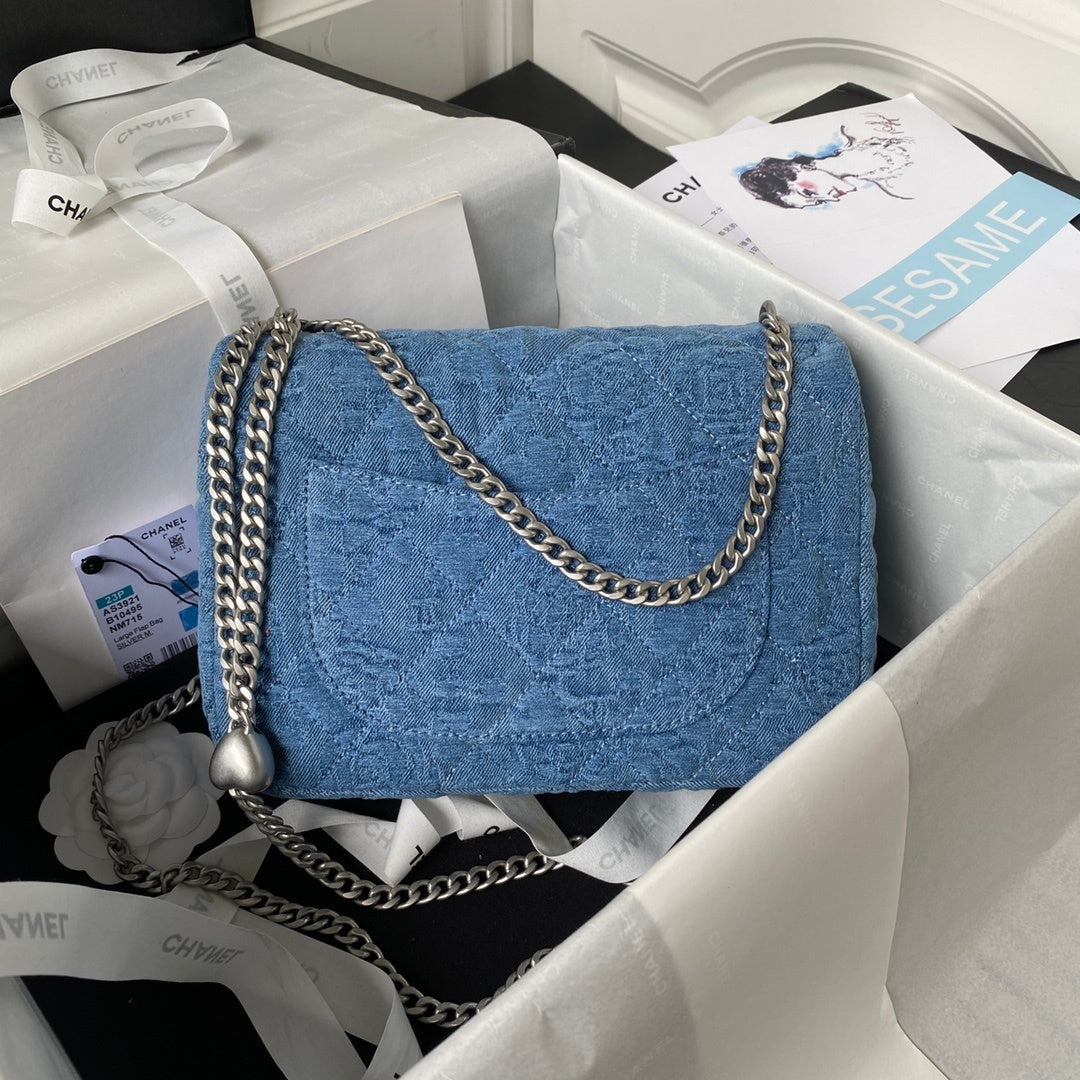 Denim Flap Bag with Silver-Tone Chain
