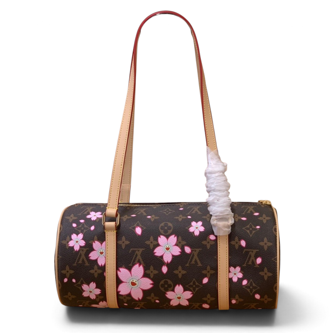 SWORD LUXURY Louis Vuitton x Murakami Papillon çanta, ikonik monogram kanvas üzerinde pembe kiraz çiçeği desenli