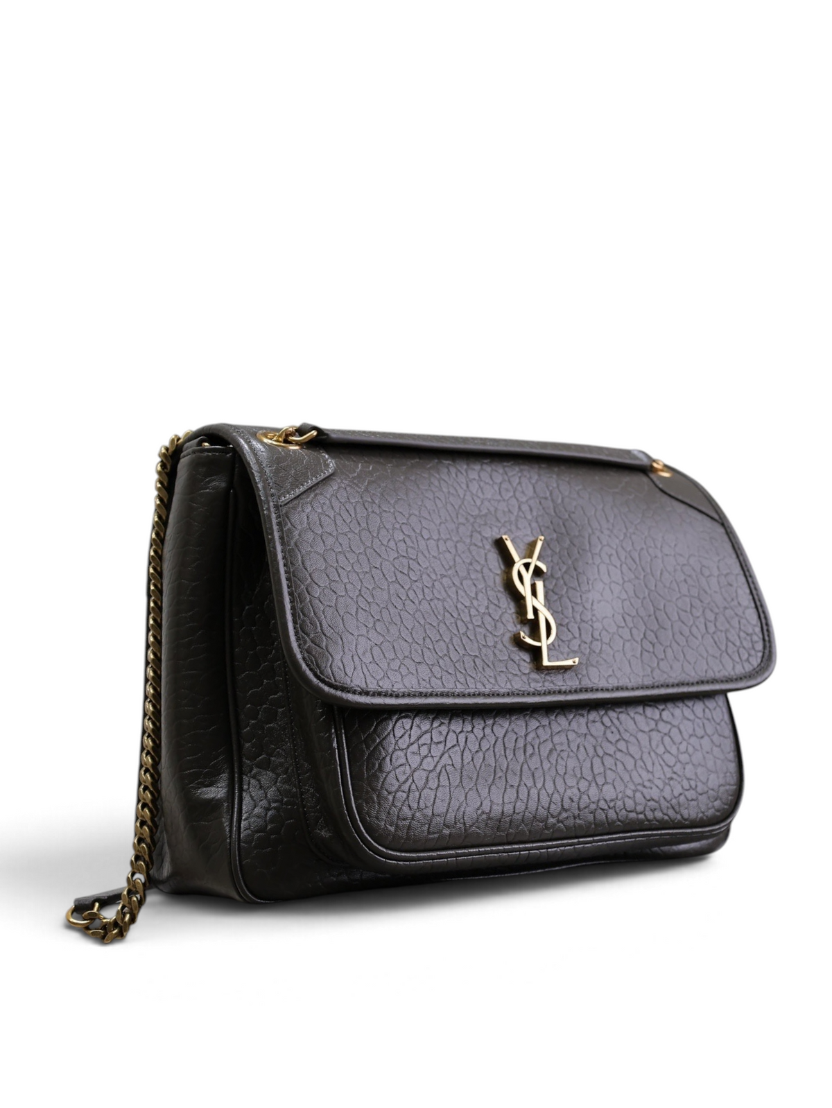 SWORD LUXURY siyah damarlı deri Niki omuz çantası, altın renkli YSL logo detayı ve şık zincir askı ile.