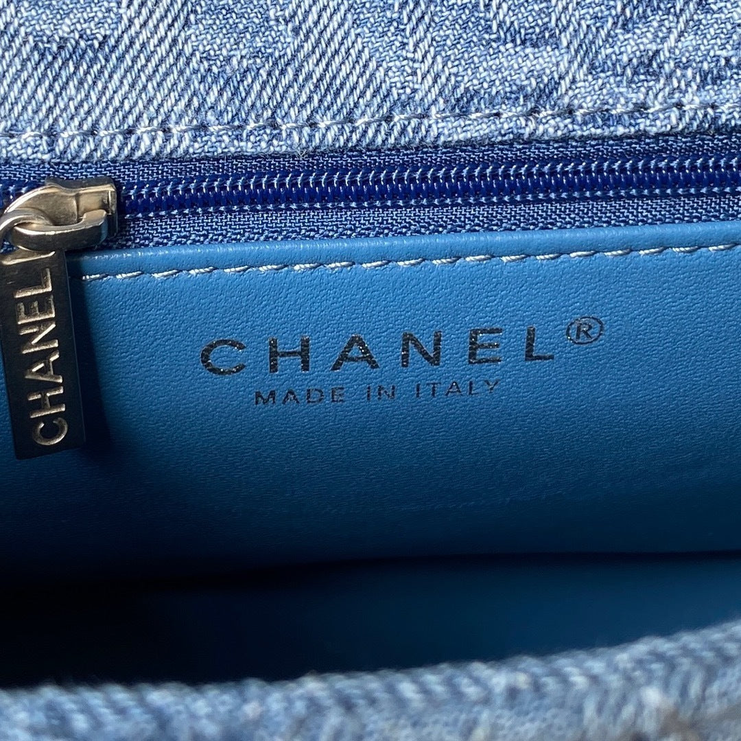 Denim Flap Bag with Silver-Tone Chain