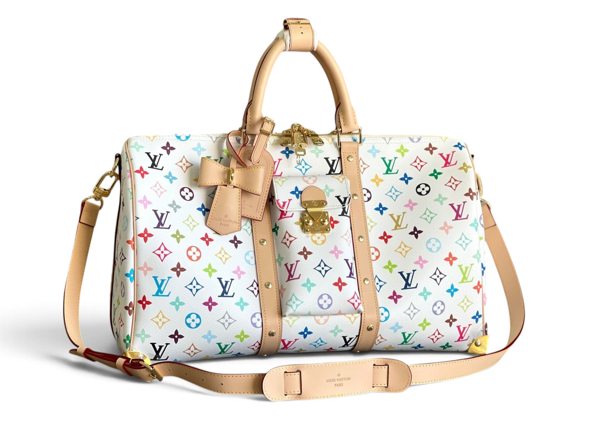 SWORD LUXURY Louis Vuitton Keepall 50 beyaz Multicolore Monogram kanvas seyahat çantası, doğal deri detaylı.