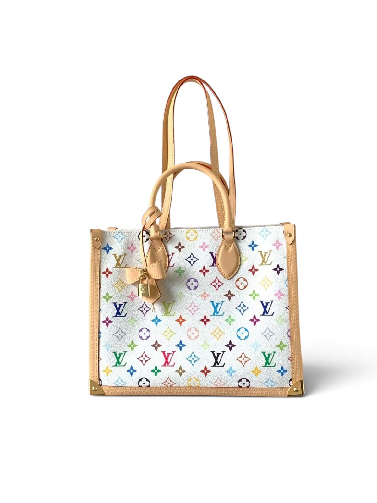 SWORD LUXURY beyaz kanvas üzerine renkli monogram desenli, deri detaylı ve altın donanımlı şık OnTheGo tote çanta.