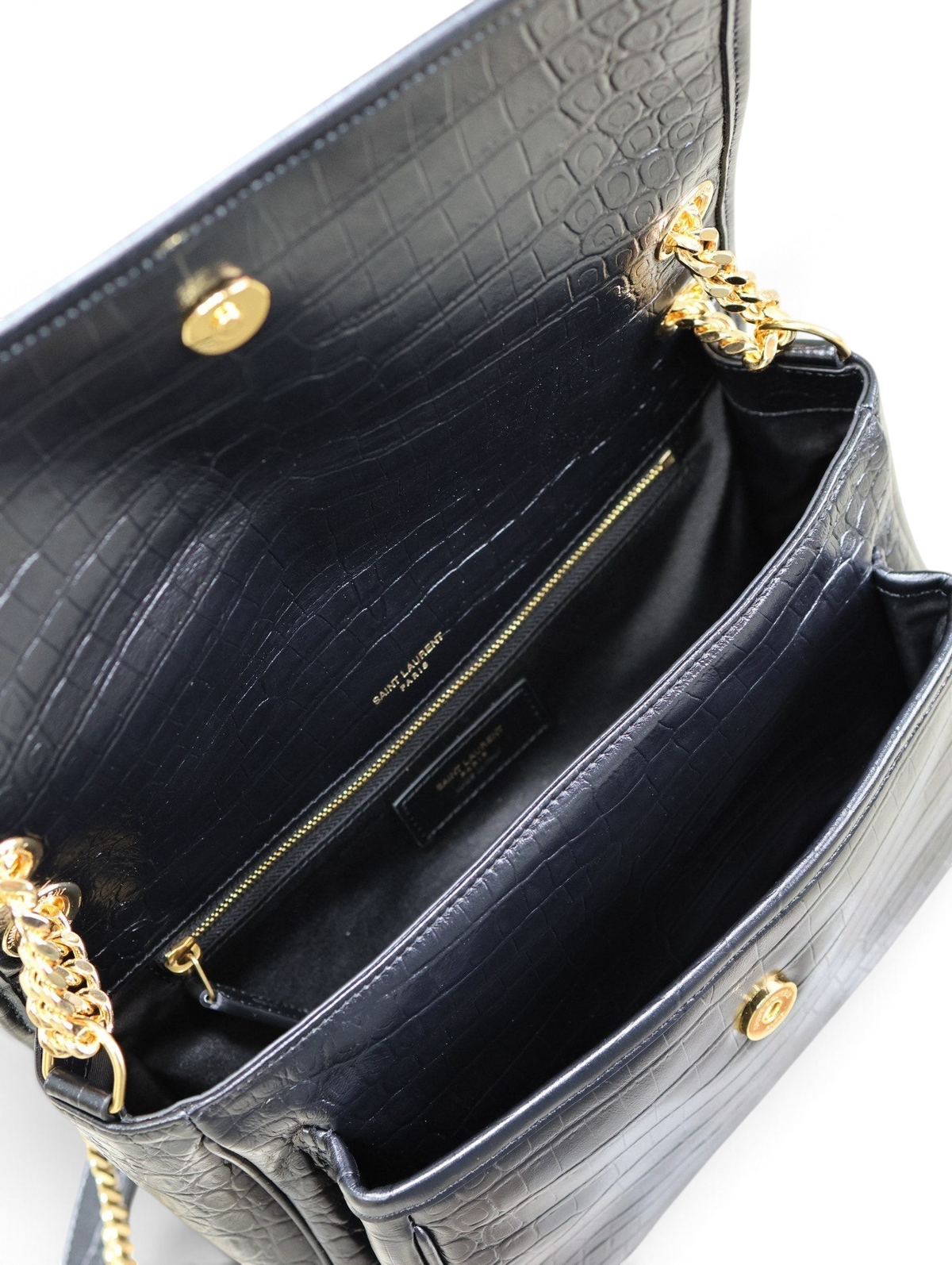 SWORD LUXURY Saint Laurent Niki siyah timsah derisi omuz çantası, altın zincir askılı ve iç bölmeli detaylı görünüm.