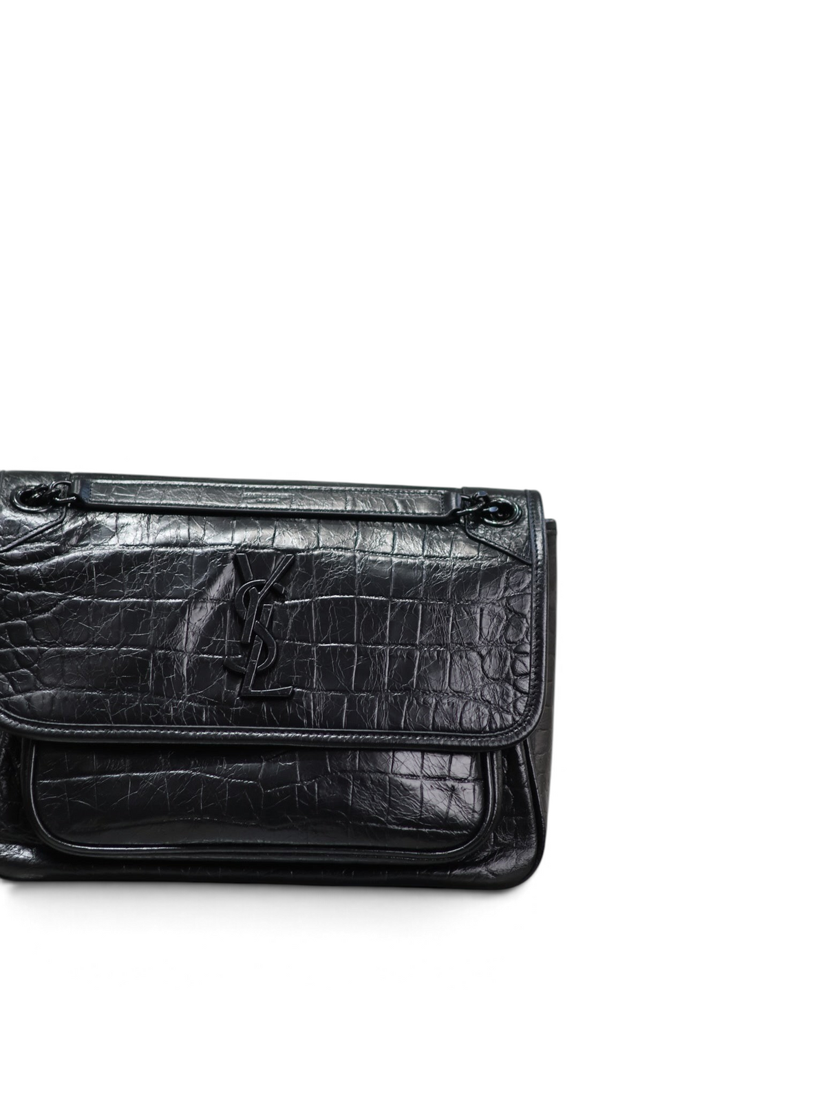 SWORD LUXURY siyah timsah derisi görünümlü Saint Laurent Niki omuz çantası, ton sür ton YSL logolu ve zincir askılı.