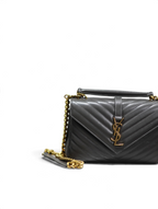 SWORD LUXURY siyah kapitone deri Saint Laurent Collage çanta, altın tonlu YSL monogram ve zincir askı detaylı.