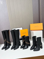 Knit & Leather Block Heel Ankle Boots