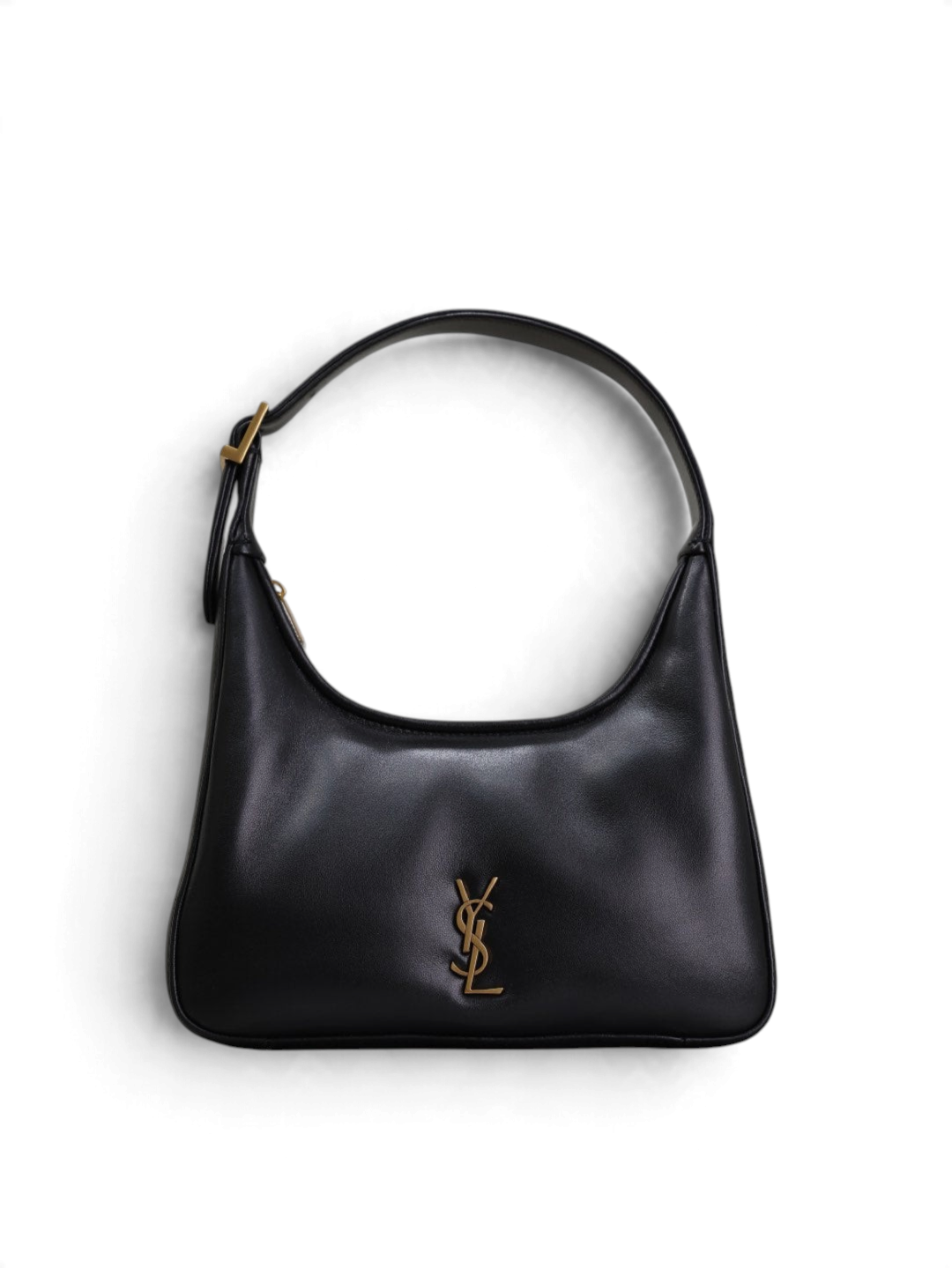 SWORD LUXURY imzalı, altın tonlu YSL logolu, siyah deri baget omuz çantası.
